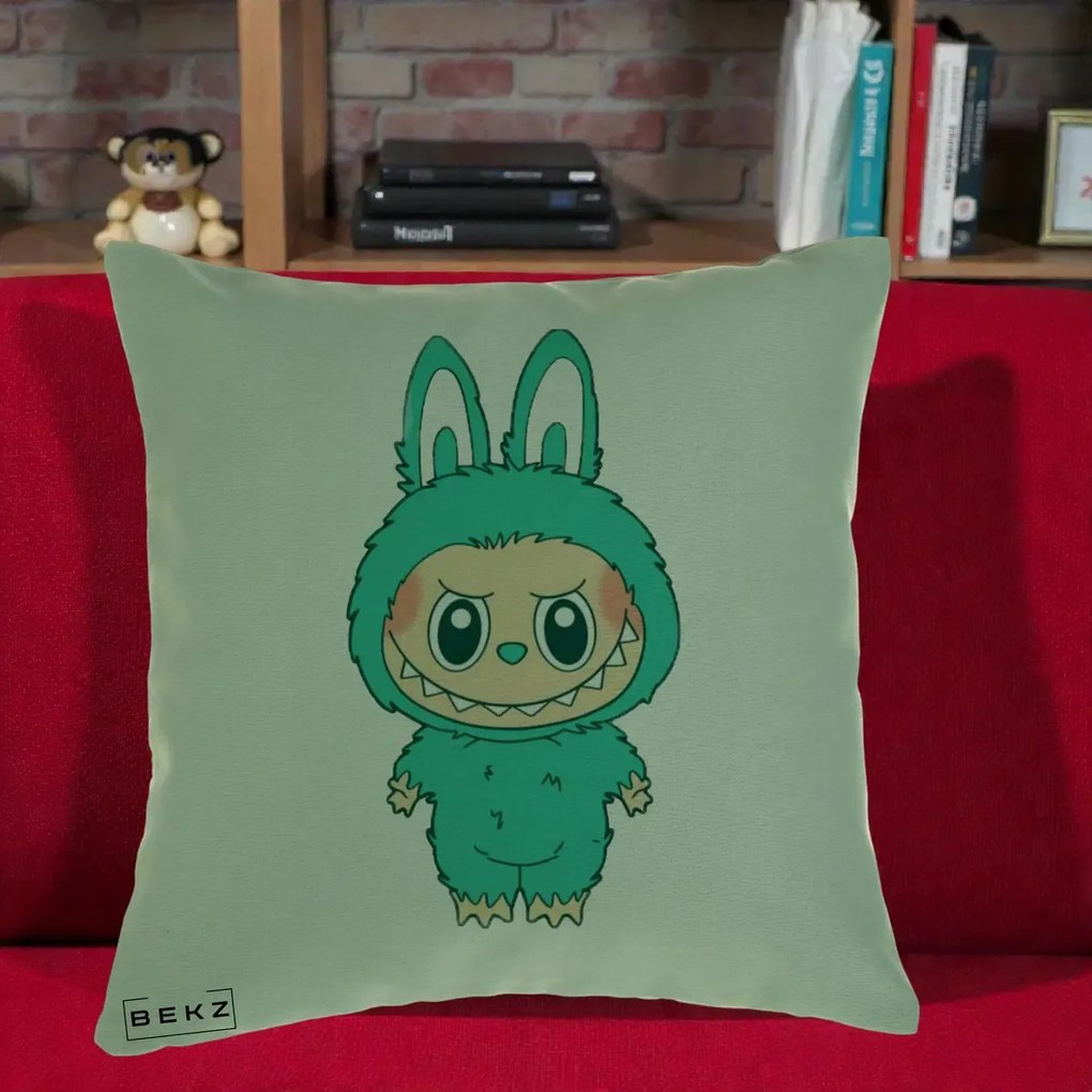 Perna Personalizata Labubu Turcoaz, 40x40 cm, Verde, Husa Detasabila, Perna Inclusa, BEKZ®