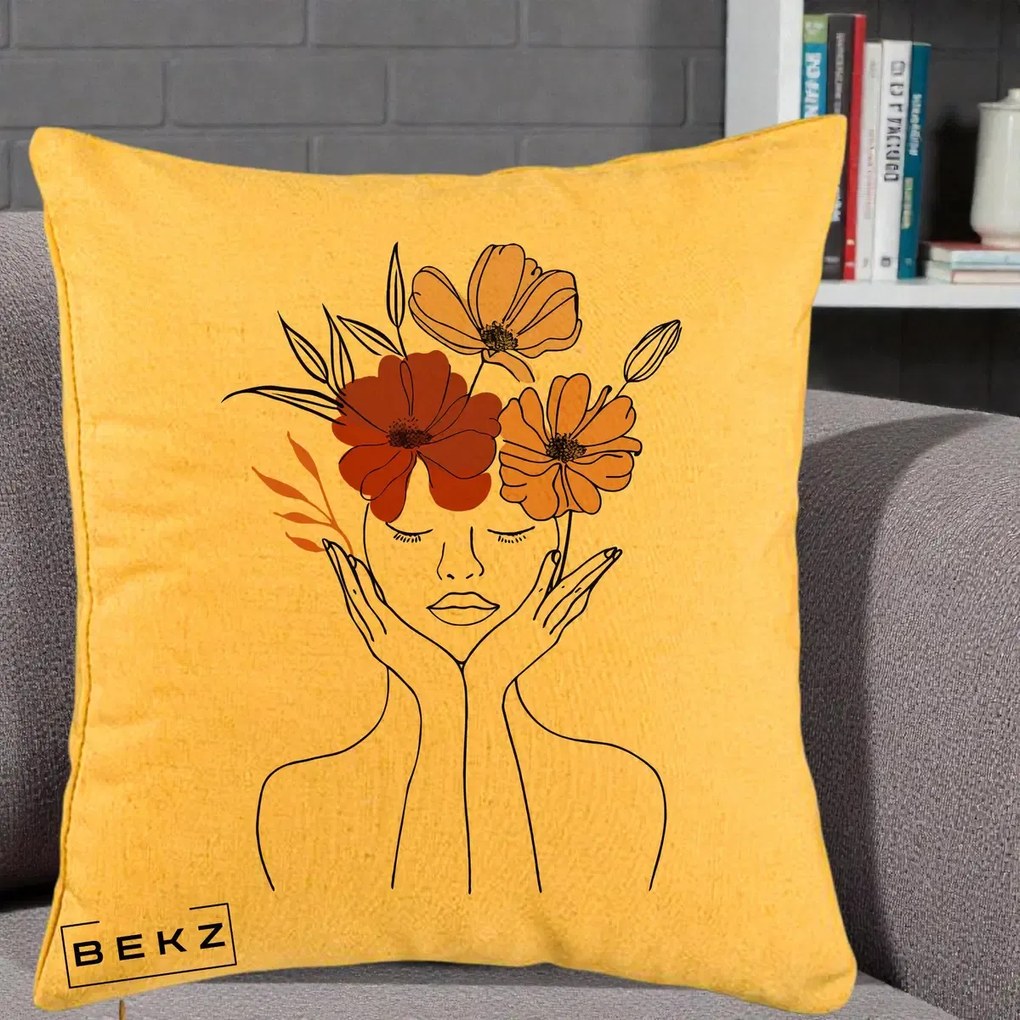 Perna Decorativa Portret Feminin Coroana Trei Flori, 40x40 cm, Galben, Husa Detasabila, Perna Inclusa, BEKZ®