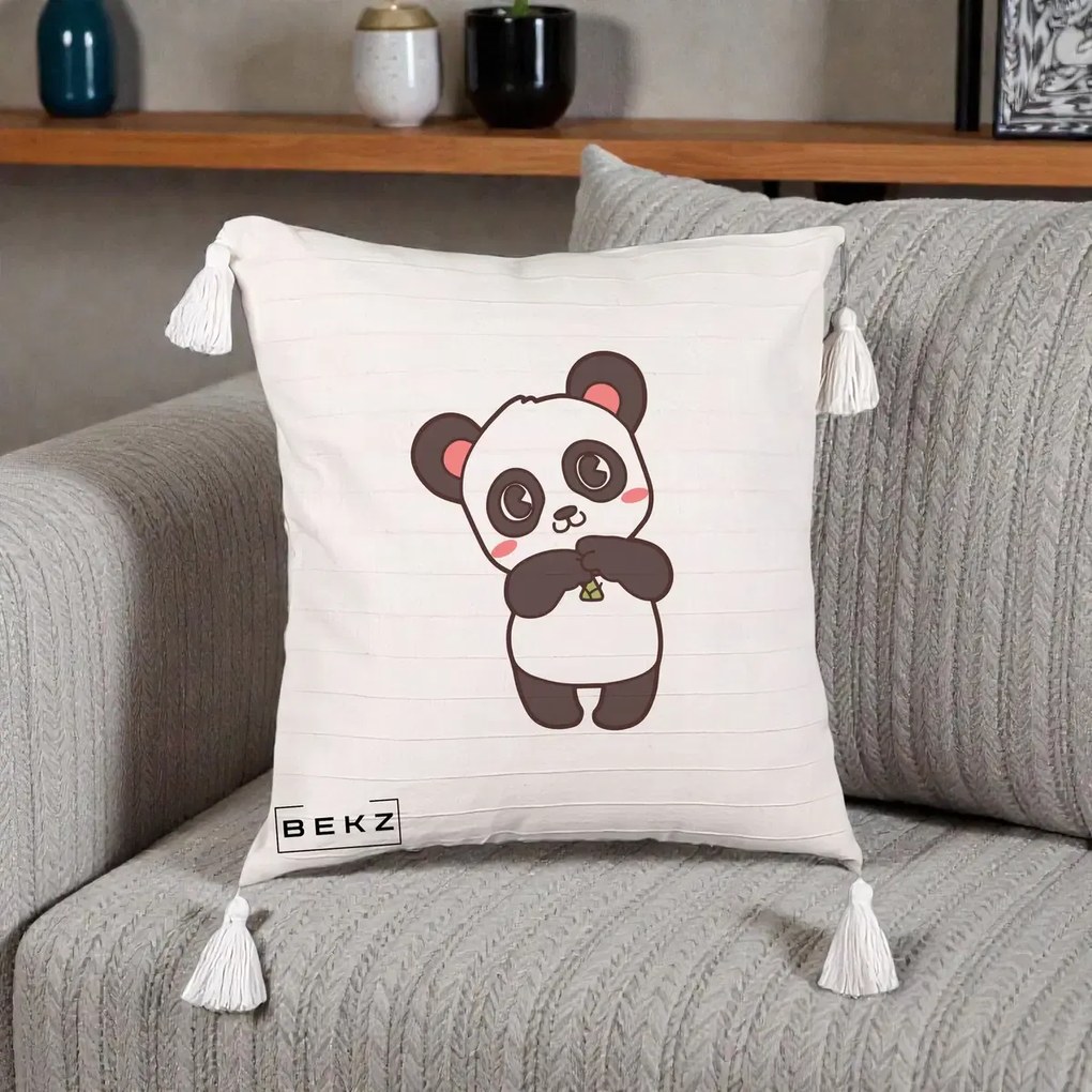 Perna Personalizata Panda Kawaii cu Bambus, 40x40 cm, Bej cu Franjuri, Husa Detasabila, Perna Inclusa, BEKZ®