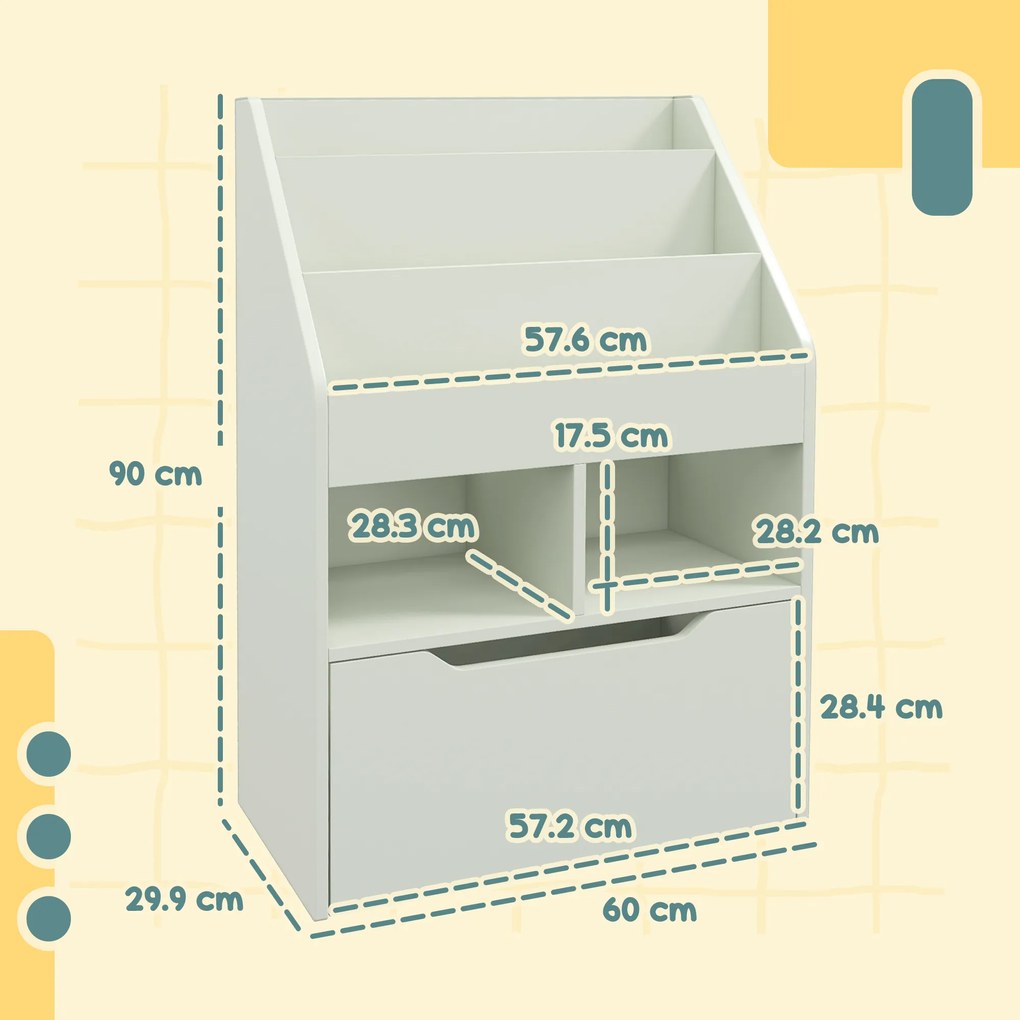 HOMCOM Bibliotecă pentru Copii cu Rafturi și Sertar, Raft Mobil pentru Jucării și Cărți, Dimensiuni 60x29.9x90 cm, Verde Strălucitor | Aosom România