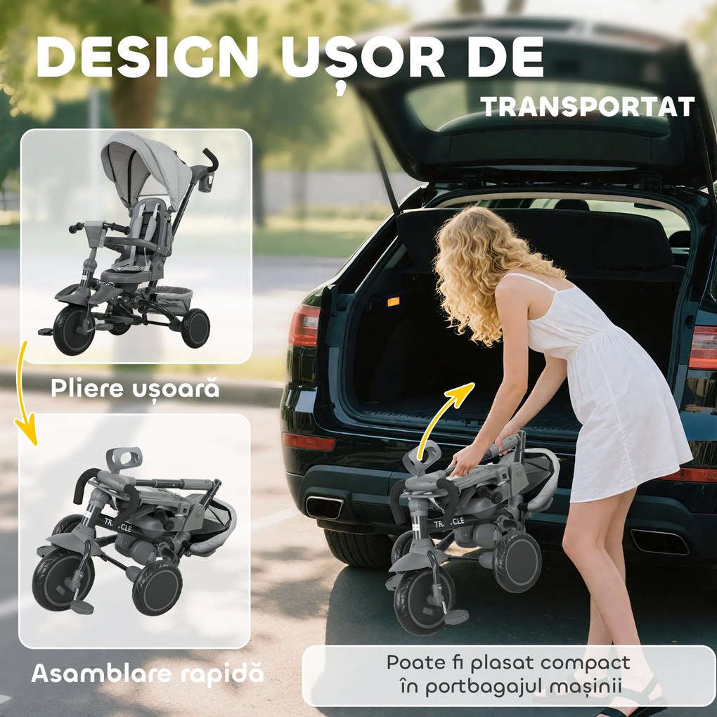 AIYAPLAY Tricicletă Copii 6 în 1, Cărucior și Bicicletă, 1-5 Ani, Max. 25 kg, Pliabilă cu Scaun Rotativ, Copertină, Gri | Aosom Romania