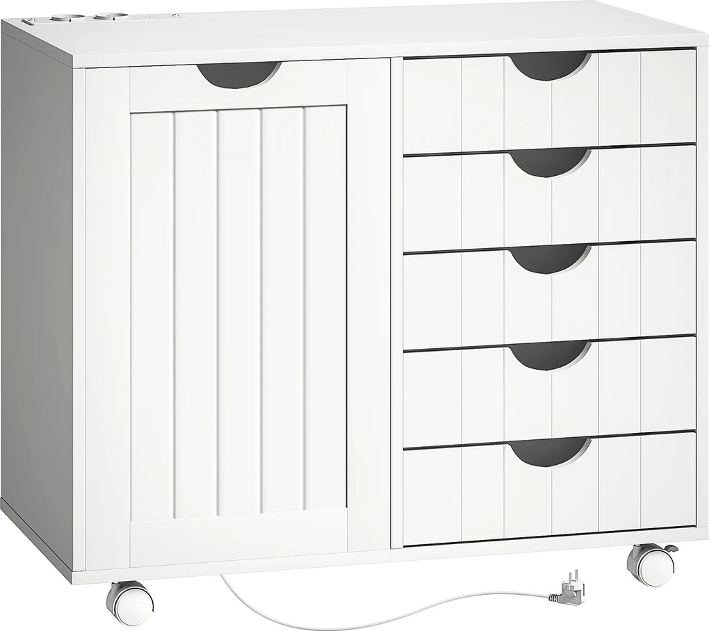 HOMCOM Mobilier pentru imprimantă cu stație de încărcare și roți 5 sertare porturi USB poliță reglabilă alb | Aosom Romania