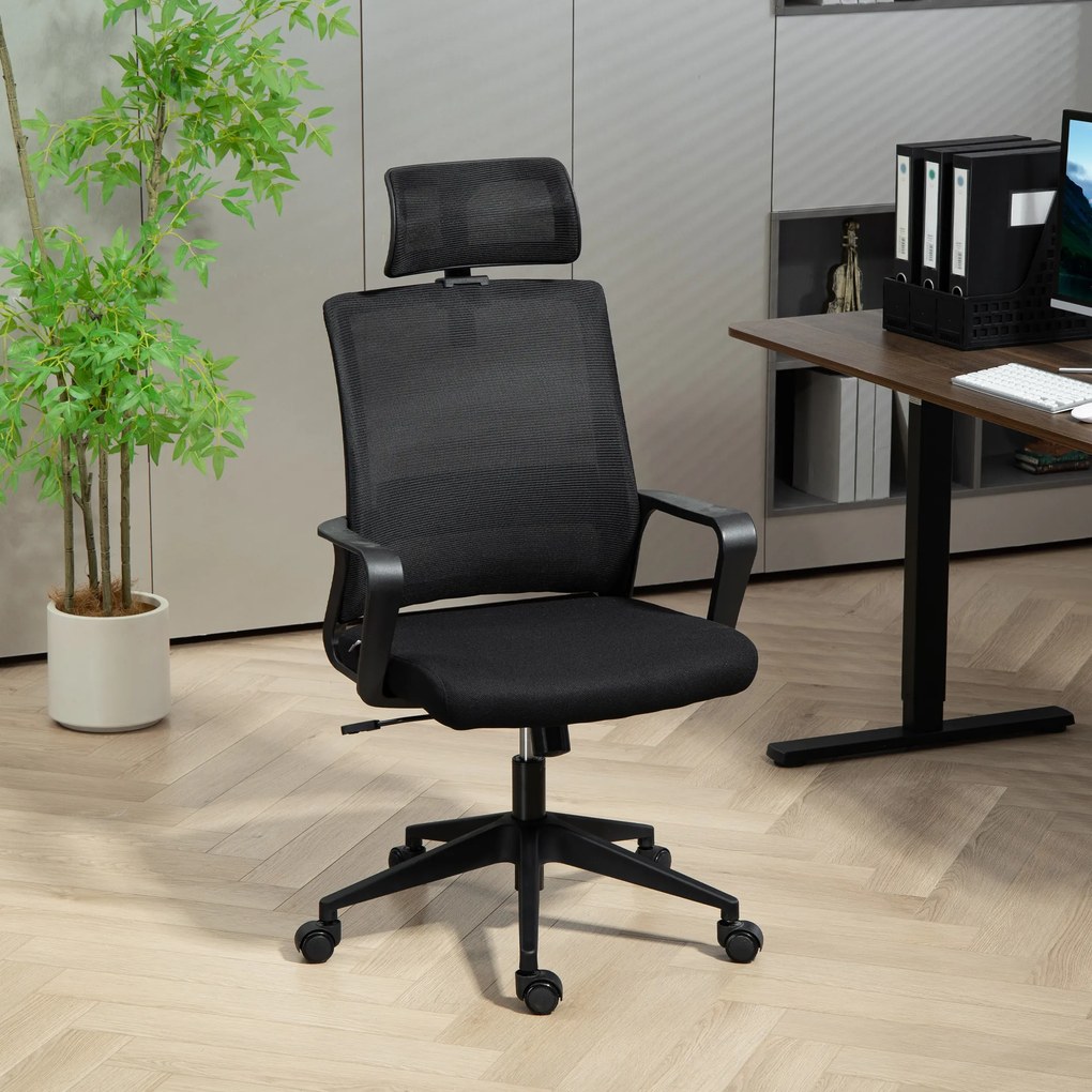 HOMCOM Scaun de Birou Ergonomic cu Tetieră, Înălțime Reglabilă și Funcție de Balansare, 60x64x102-112 cm, Negru | Aosom Romania