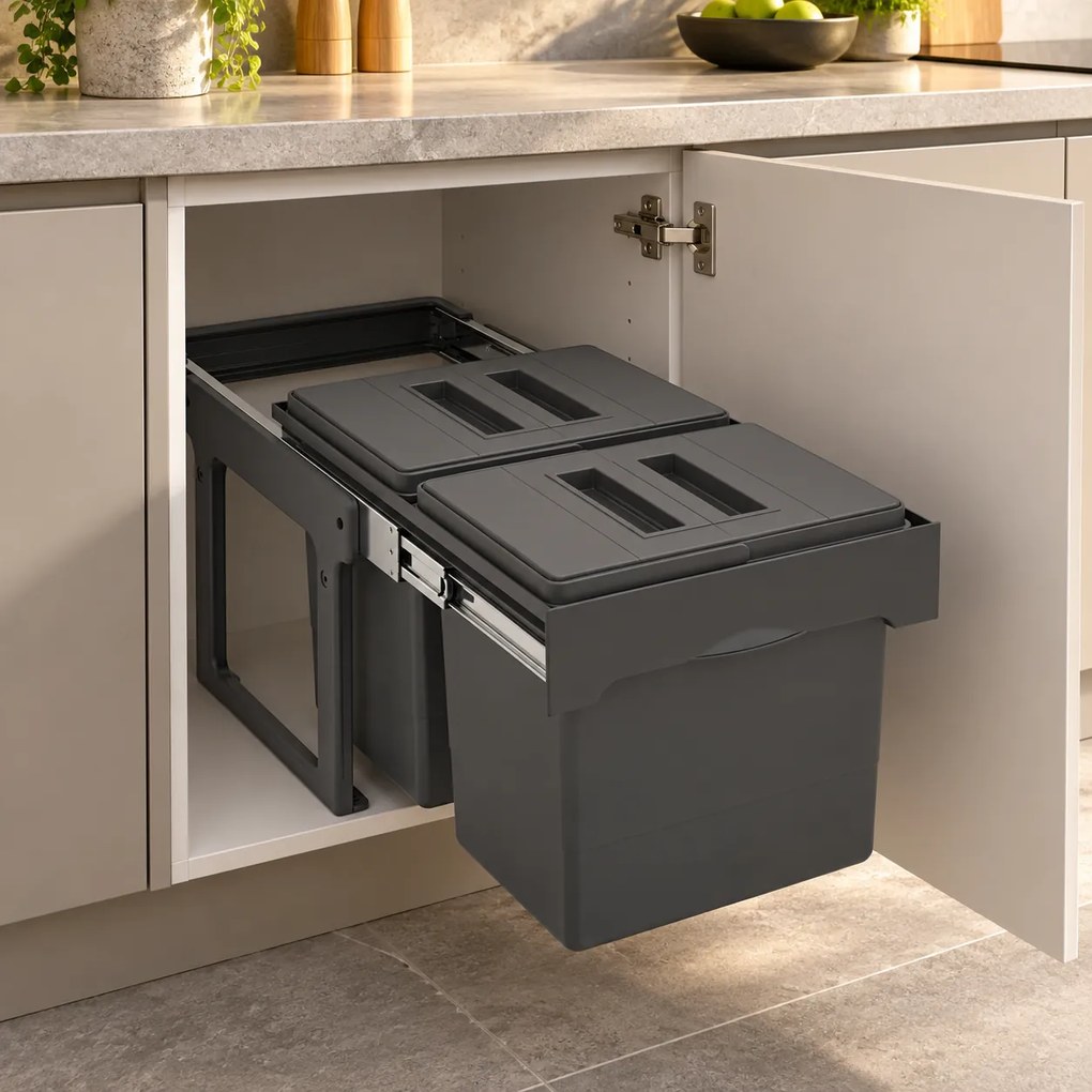 Cos gunoi incorporabil Ekko Easy Jazz 40 Ecomax, cu extragere totala, colectare selectiva, gri antracit, 2 x 15 l Polipropilena Metal, L:340 mm; A:490