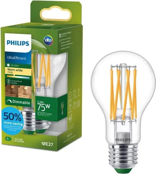 Bec LED dimabil ULTRAEFFICIENT VINTAGE Philips A60 E27/5,2W/230V 2700K