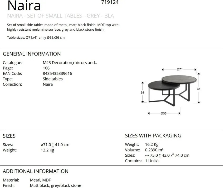 Set de 2 Masute de cafea design modern Naira gri/piatra neagra