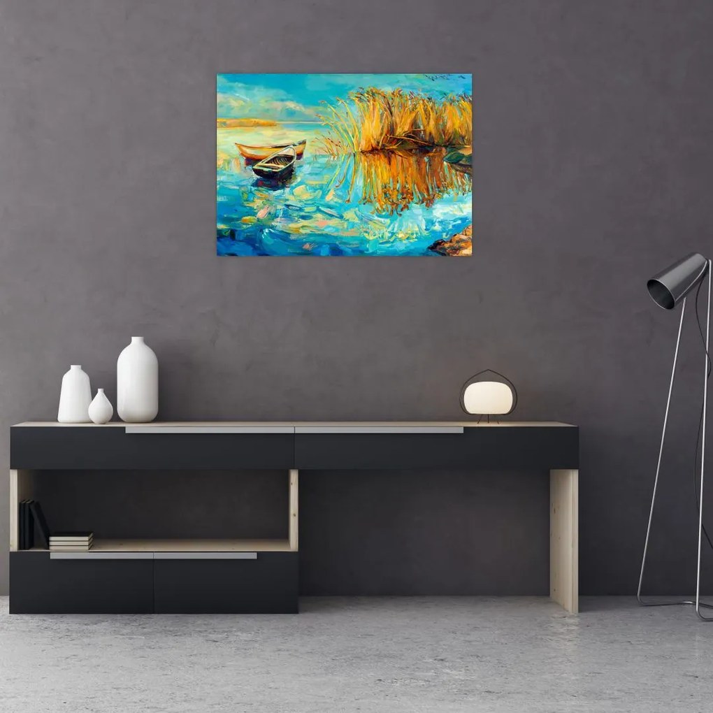 Tablou pe sticlă - Lacul cu bărci (70x50 cm)