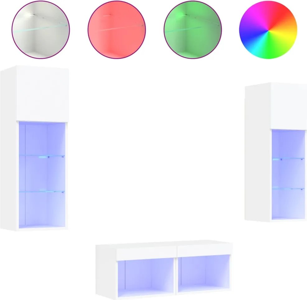 vidaXL Comode TV de perete cu lumini LED, 4 piese, alb