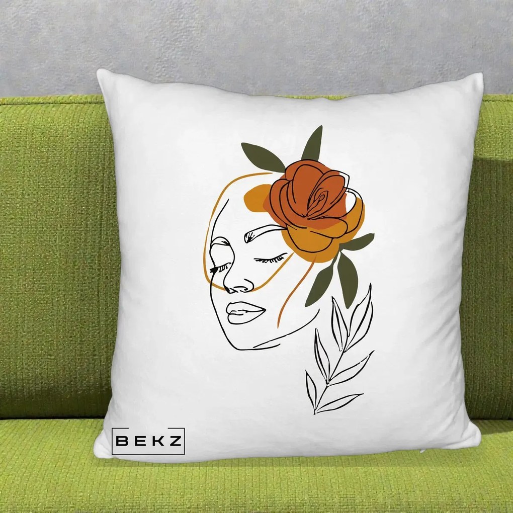 Perna Decorativa Portret Feminin Trandafir Ruginiu, 40x40 cm, Alb Pufos, Husa Detasabila, Perna Inclusa, BEKZ®