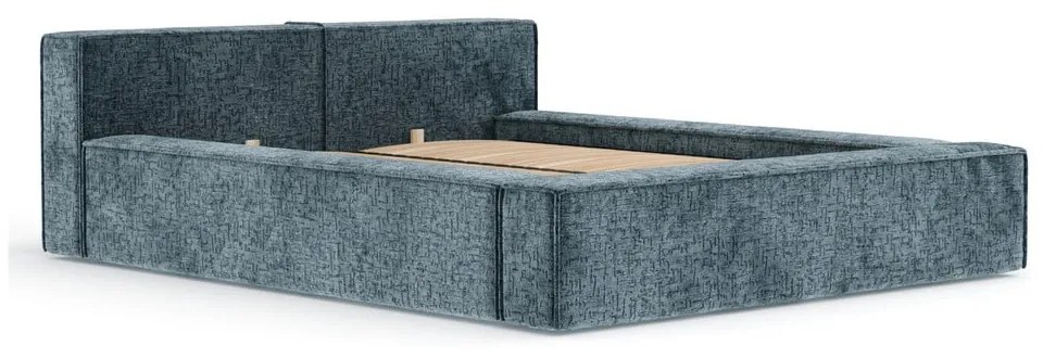 Pat matrimonial albastru prăfuit tapițat cu spațiu de depozitare cu somieră 200x200 cm Voliera – Maison de Rêve