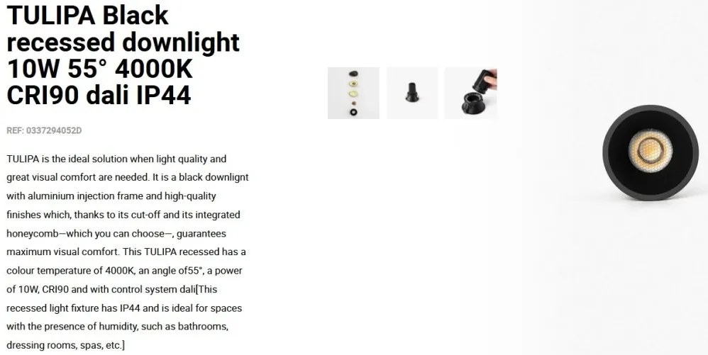 Spot LED incastrabil TULIPA Black recessed downlight 10W 55° 4000K CRI90 dali IP44