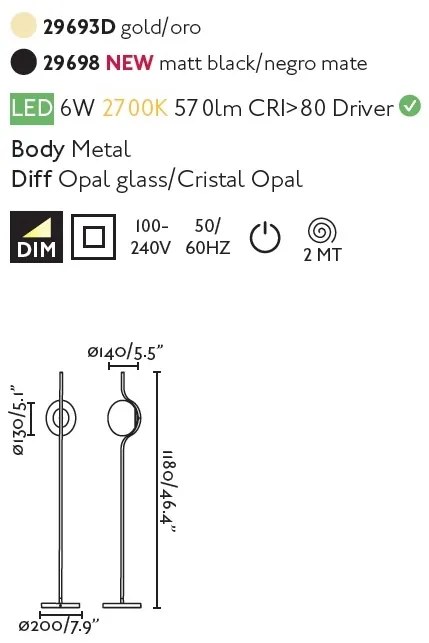 Lampadar LED dimabil design modern LE VITA LED Gold 29693D