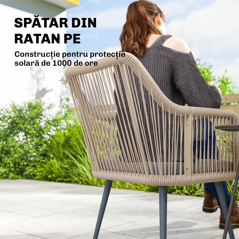 Outsunny Set 2 Scaune de Grădină din Ratan PE cu Perne Moi Lavabile și Brațe, Scaune pentru Dining Exterior din Oțel, pentru Terasă, Balcon, Grădină, Exterior, 54x65x80cm, Gri Închis | Aosom Romania