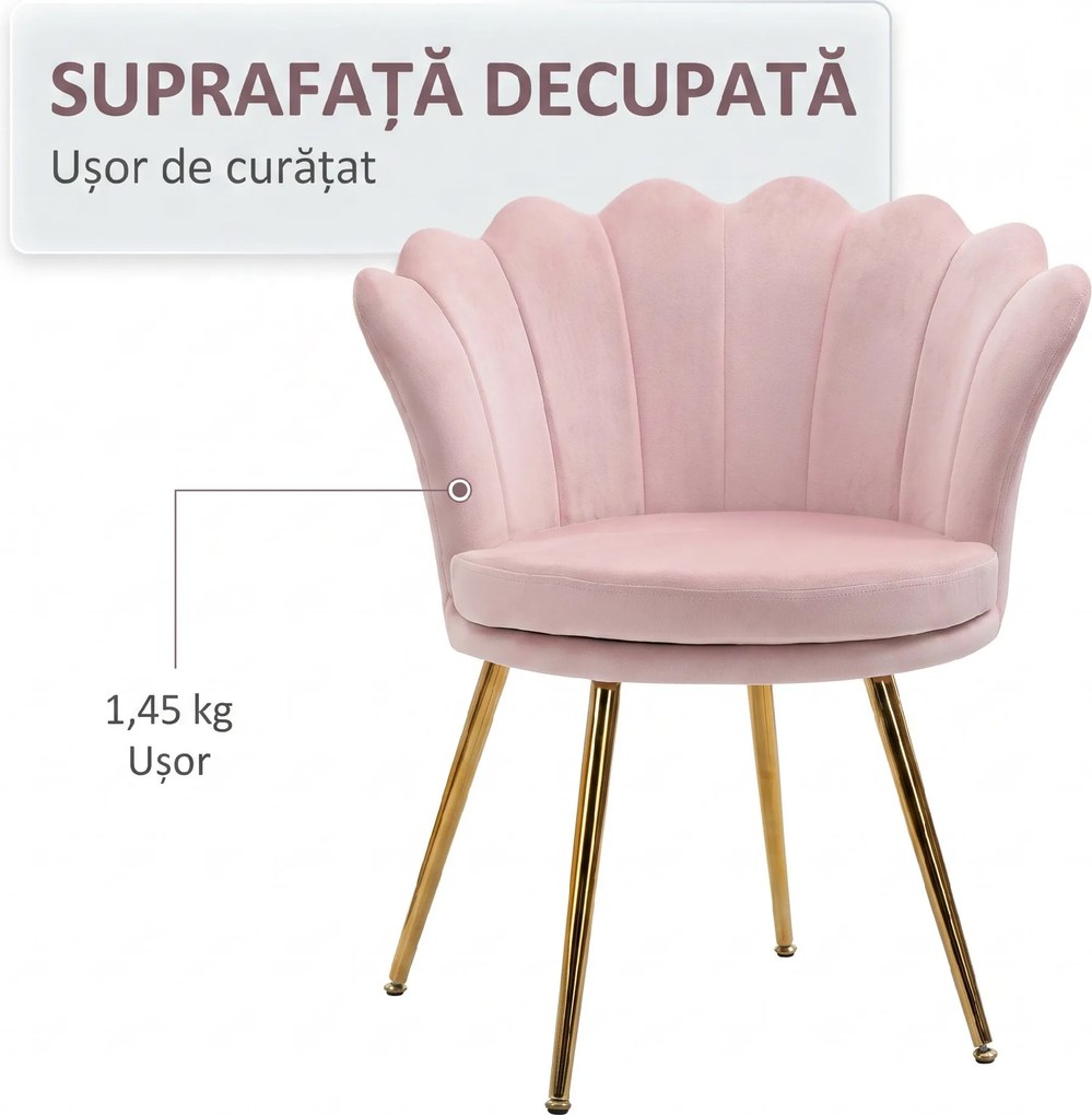 HOMCOM Scaun Imbottit Tip Scoică din Catifea, Scaunel Vintage cu Picioare Aurite, Scaun de Machiaj pentru Cameră și Sufragerie, Roz | Aosom Romania