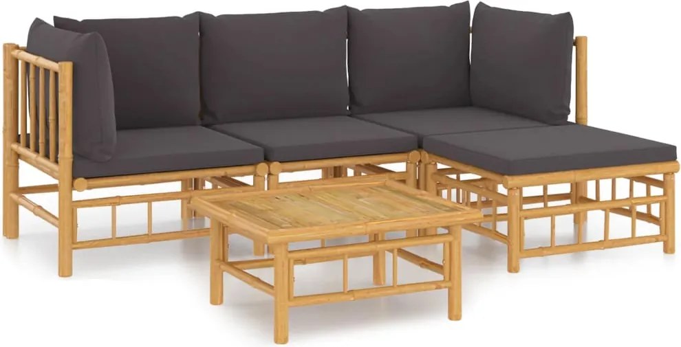 vidaXL Set mobilier de grădină cu perne gri închis, 5 piese, bambus