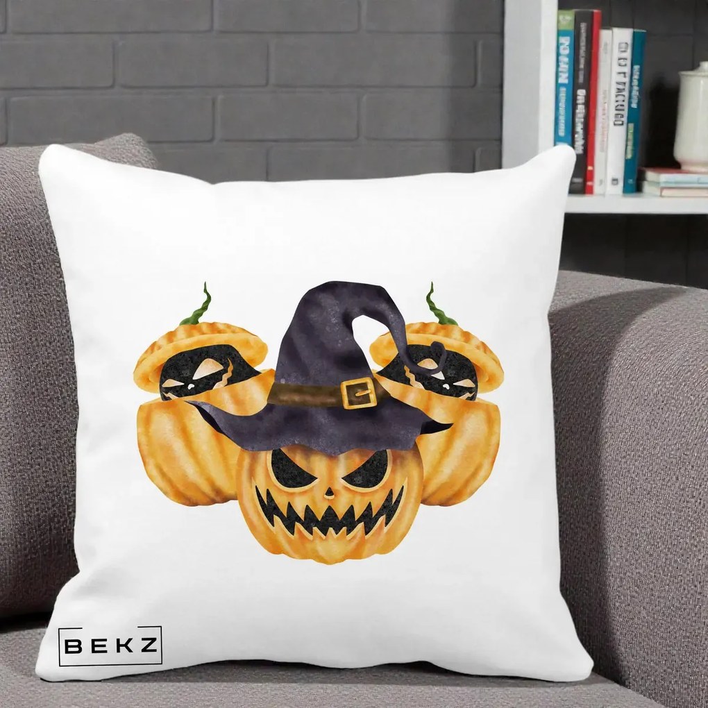 Perna Decorativa Trio Dovleci Jack-o-Lantern cu Palarie Vrajitoare, 40x40 cm, Alba Mata, Husa Detasabila, Perna Inclusa, BEKZ®