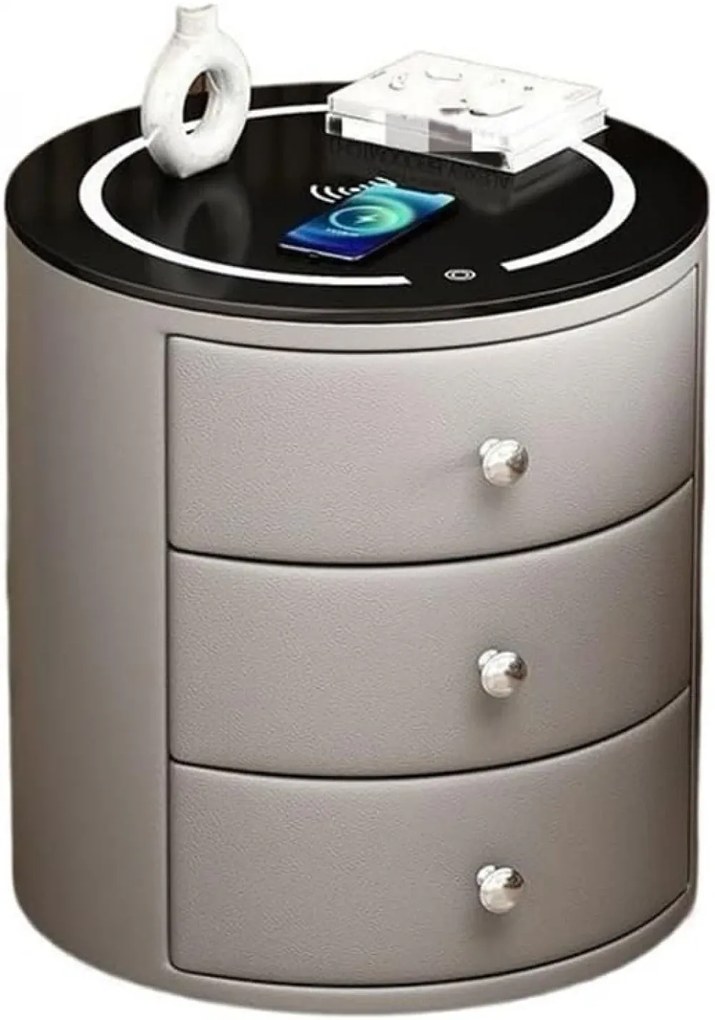 RESIGILAT- Noptieră inteligentă multifuncțională rotundă, 3 sertare, iluminare LED-uri Touch, încărcare fără fir, încărcare USB, difuzor Bluetooth, sticlă securizată, Gri