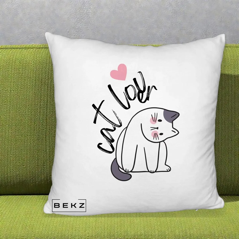 Perna Personalizata Cat Lover Pisica Ilustratie Linie, 40x40 cm, Alb Pufos, Husa Detasabila, Perna Inclusa, BEKZ®