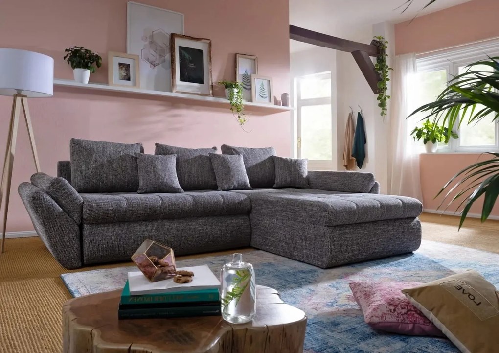 Colțar extensibil dumonde cu ladă de depozitare si sezut confortabil din spuma high-density, Loana Magma Grey II 270x185 cm