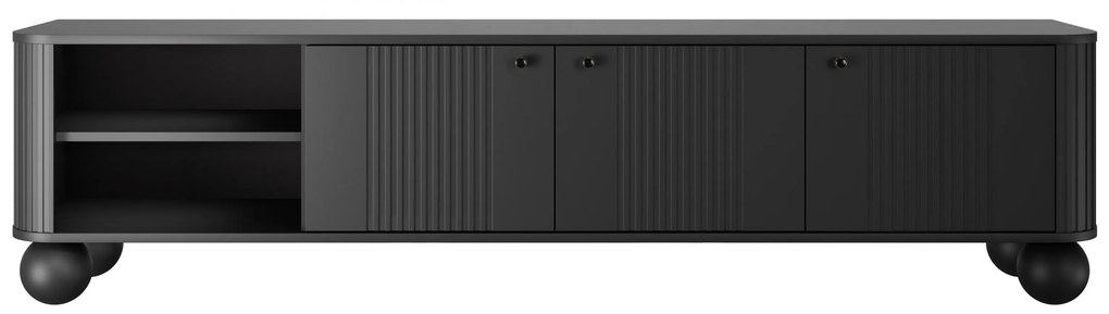 Comodă TV Vesper 187 cm cu 3 uși - negru / mânere negre / picioare sferice