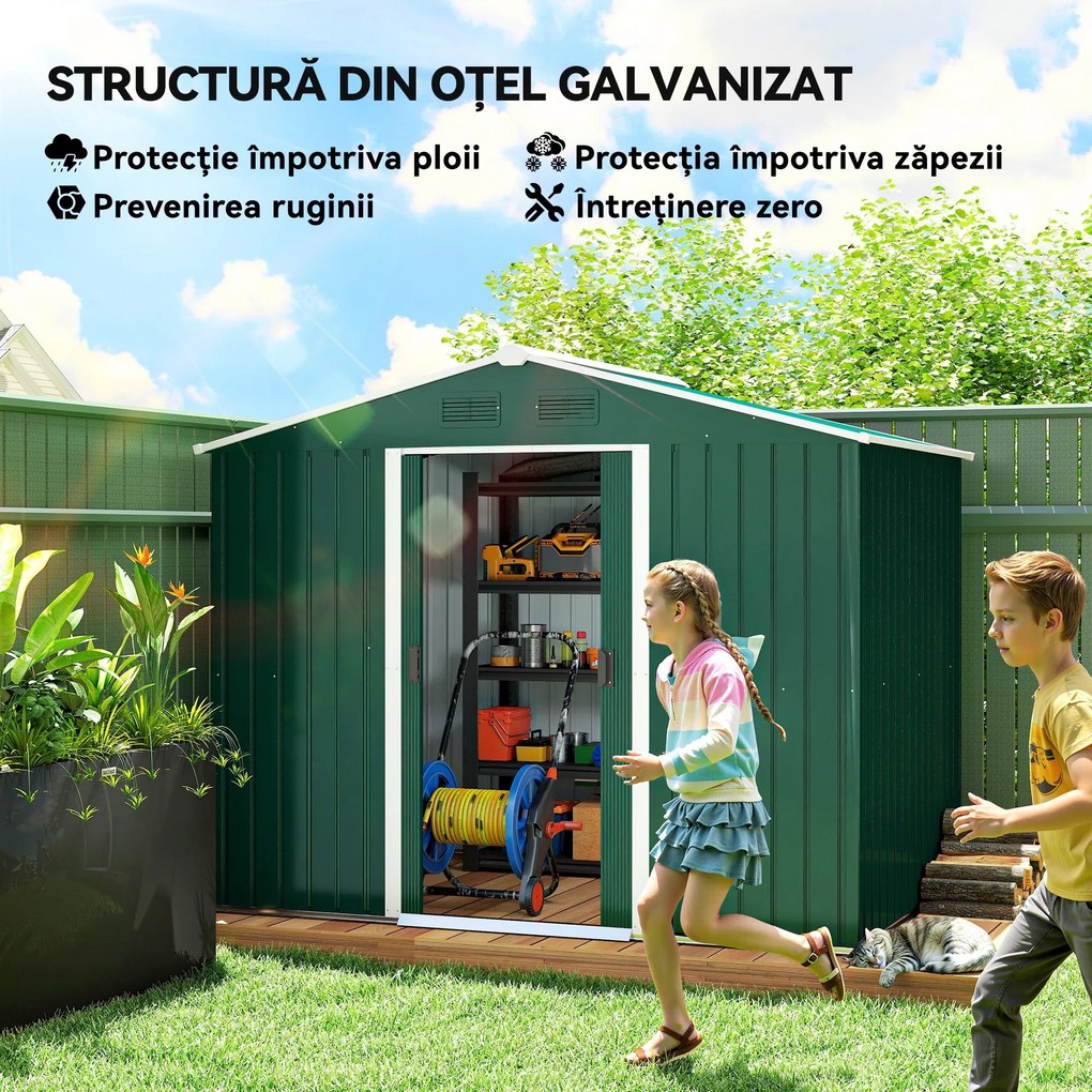 Outsunny Magazie de Grădină 3.6m² din Oțel, cu 2 Uși Glisante și 4 Ferestre de Ventilație, 236x174x190 cm, Verde | Aosom Romania