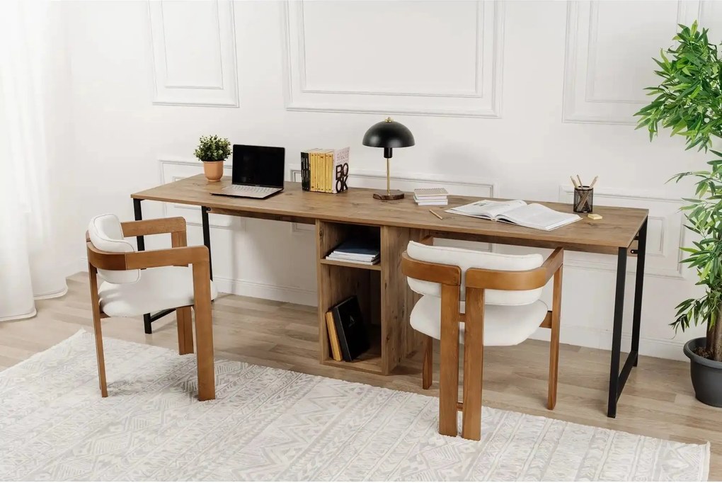 Birou TWIN, pin atlantic/negru, PAL melaminat/metal, 240x60x74 cm