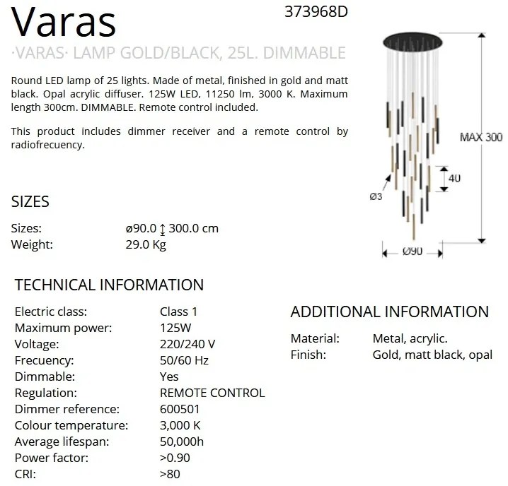 Lustra XL dimabila cu telecomanda 25 pendule LED design modern Varas auriu/negru SV-373968D
