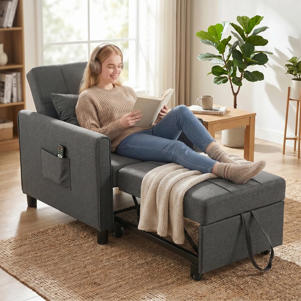 HOMCOM Fotoliu Pat Single 3 în 1 din Material Textil Tip In și Lemn cu Spătar Reclinabil, Pernă, Buzunare, Gri | Aosom Romania