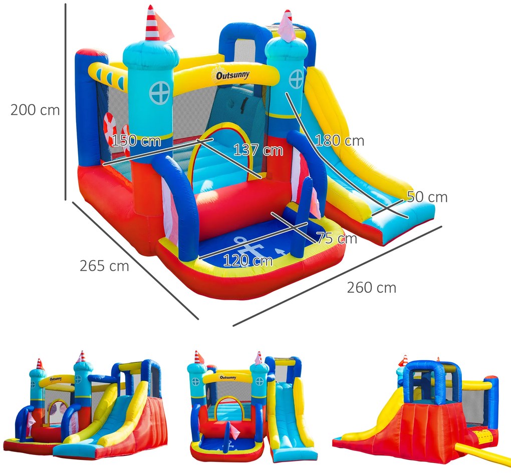 Castel Gonflabil 4 in 1 Outsunny pentru Copii de la 3 la 8 ani cu Tobogan, Trambulina, Piscina si Pompa inclusa, 265x260x200cm | Aosom Romania