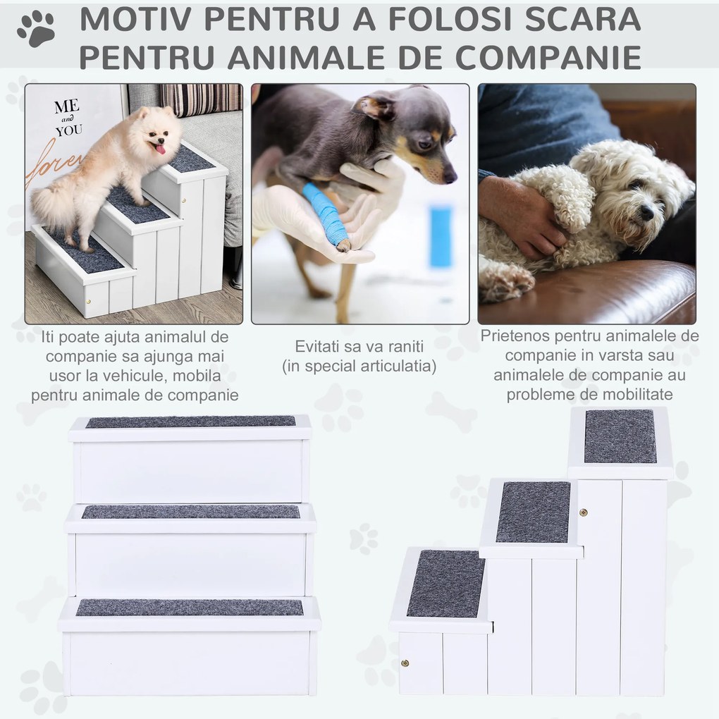 PawHut Scară Lemn 3 Trepte pentru Animale de Companie, Ușor de Întreținut, Alb | Aosom Romania