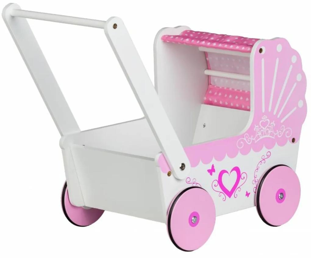 Eco toys Lemn cărucior pentru păpuși INIMĂ - roz