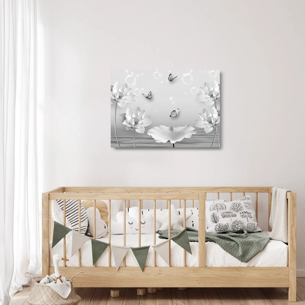 Tablou pe sticlă - Design flori și fluturi (70x50 cm)