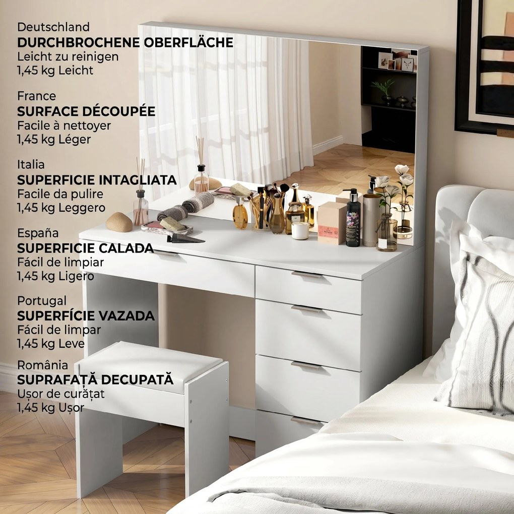 HOMCOM Set Masă de Toaletă cu Oglindă și 5 Sertare și Taburet de Machiaj Tapițat, 97,2x44,5x136,5 cm, Alb | Aosom Romania
