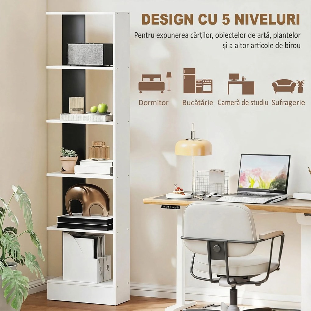 HOMCOM Raft Îngust cu 5 Etajere, Raft Economisitor de Spațiu Modern din Lemn, Bibliotecă pentru Baie, Living, Dormitor, Birou, 45x21x170 cm, Alb și Negru | Aosom Romania