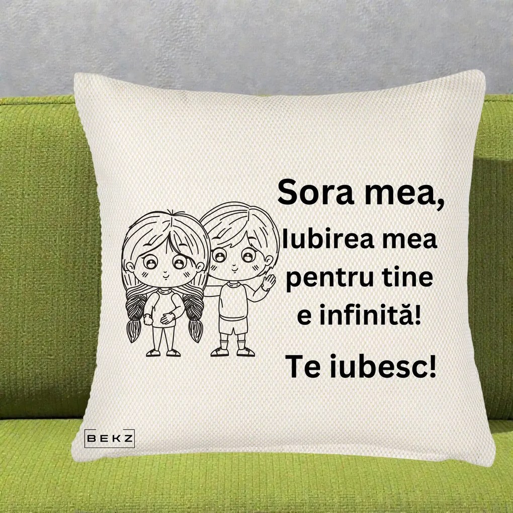 Cadou pentru Sora - Perna Personalizata Sora Mea Te Iubesc Copii Anime Line Art, 40x40 cm, Crem Reliefat, Husa Detasabila, Perna Inclusa, BEKZ®