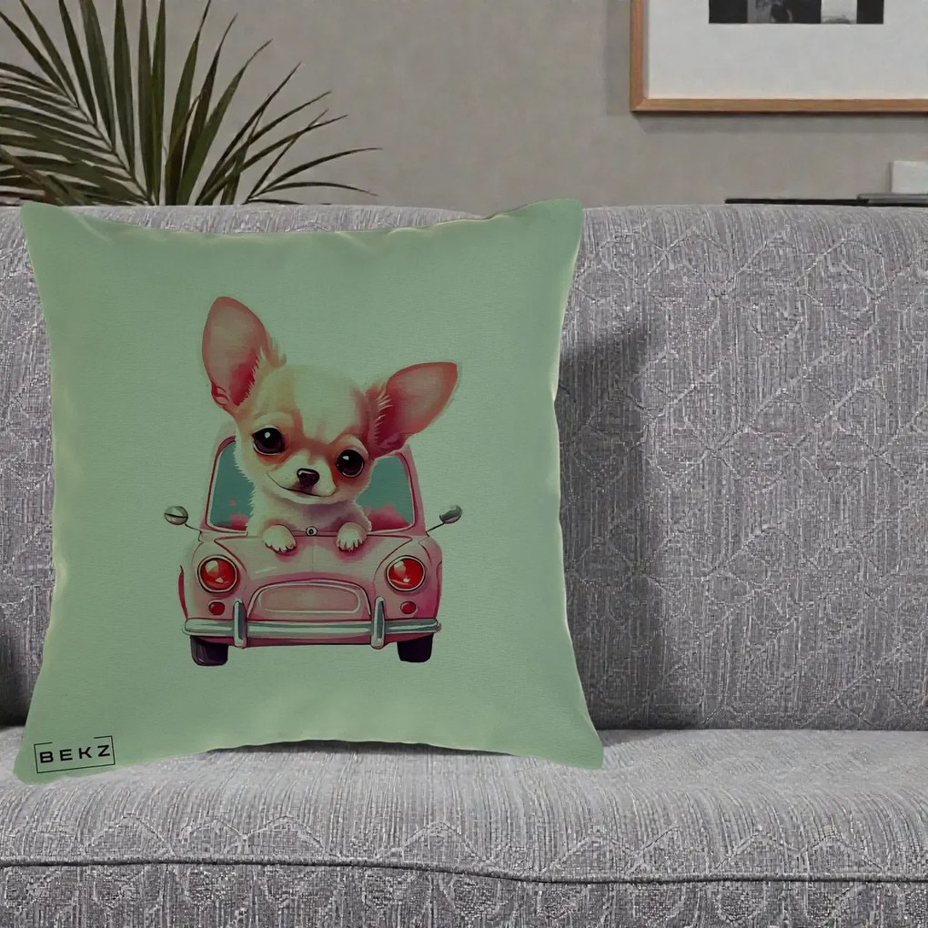 Perna Decorativa Chihuahua Roz in Masinuta, 40x40 cm, Verde, Husa Detasabila, Perna Inclusa, BEKZ®