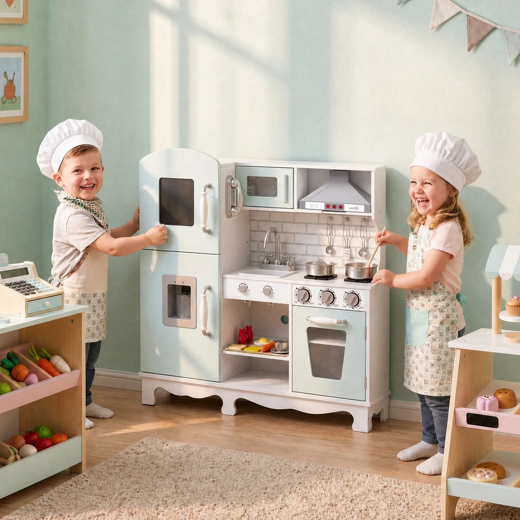 AIYAPLAY Bucătărie din lemn pentru copii, cu lumini, sunete, accesorii, frigider, cuptor și aparat de cafea, verde deschis | Aosom Romania