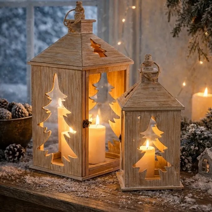 Set de felinare din lemn Brăduț, 2 bucăți,natural