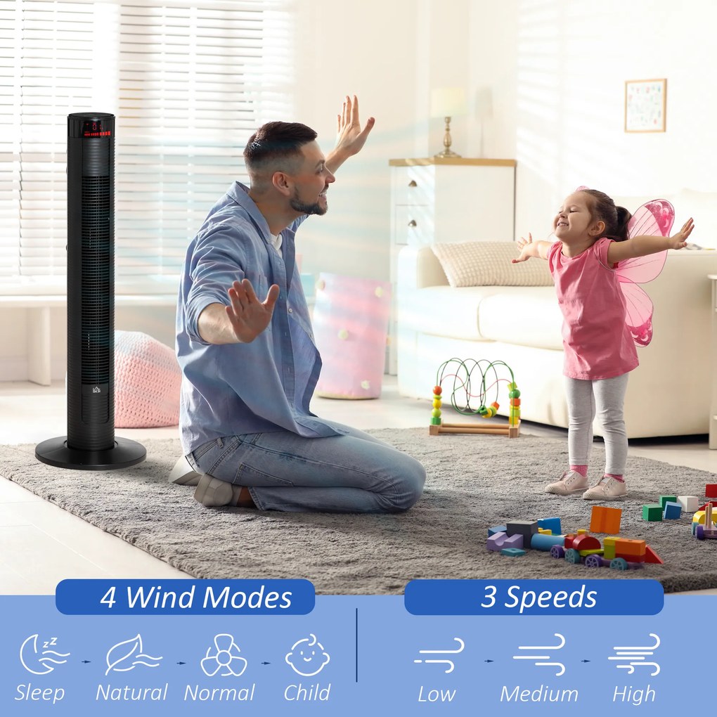 HOMCOM Ventilator Turn cu 4 Moduri și 3 Viteze cu Cronometru 12h, Ventilator de Podea ABS cu Telecomandă, 31,5x31,5x96 cm, Negru | Aosom Romania
