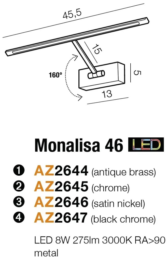 Aplica LED pentru tablou cu brat directionabil Monalisa 46 crom negru