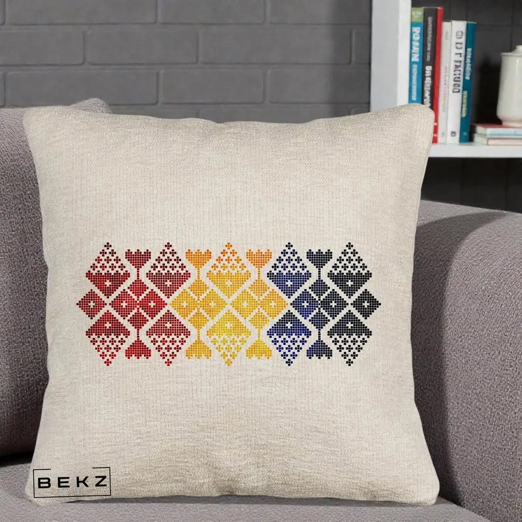 Perna Personalizata Motiv Tricolor Romanesc Broderie, 40x40 cm, Bej Canapea, Husa Detasabila, Perna Inclusa, BEKZ®