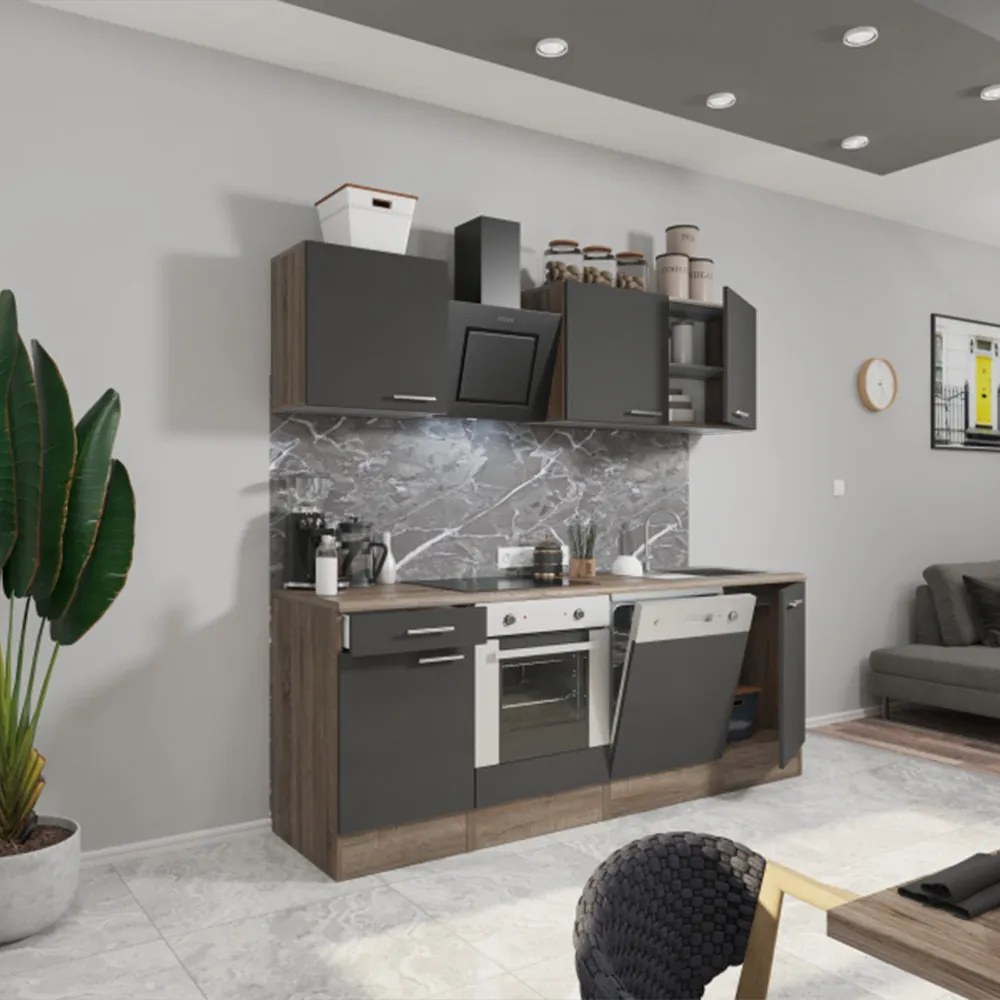 Mobilă de bucătărie Yorki 220, corp din stejar Yorki, față antracit satinat cu element inferior al cuptorului