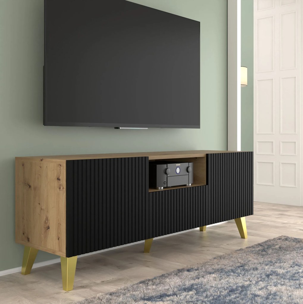 Masă TV PB 150 2D1cu Rowanna (Stejar artisan + Negru + Auriu). 1125096