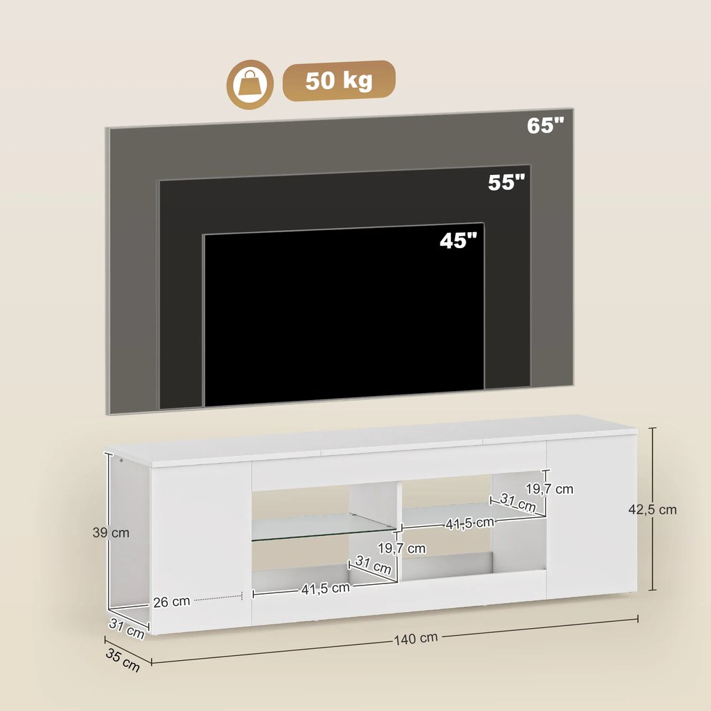 HOMCOM Suport TV 140 cm, comodă TV, 6 compartimente, 2 rafturi din sticlă, PAL, Alb | Aosom Romania