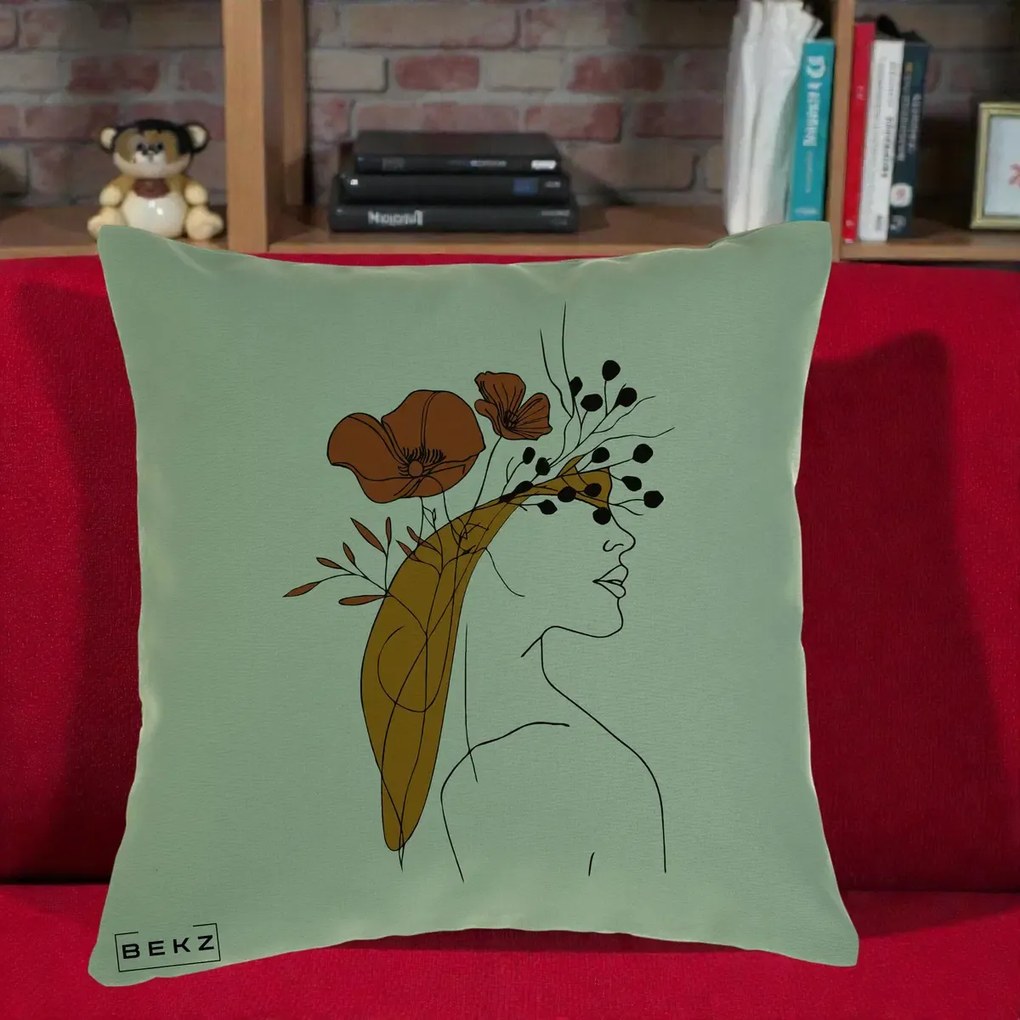 Perna Decorativa Portret Feminin Maci Rosii Auriu, 40x40 cm, Verde, Husa Detasabila, Perna Inclusa, BEKZ®
