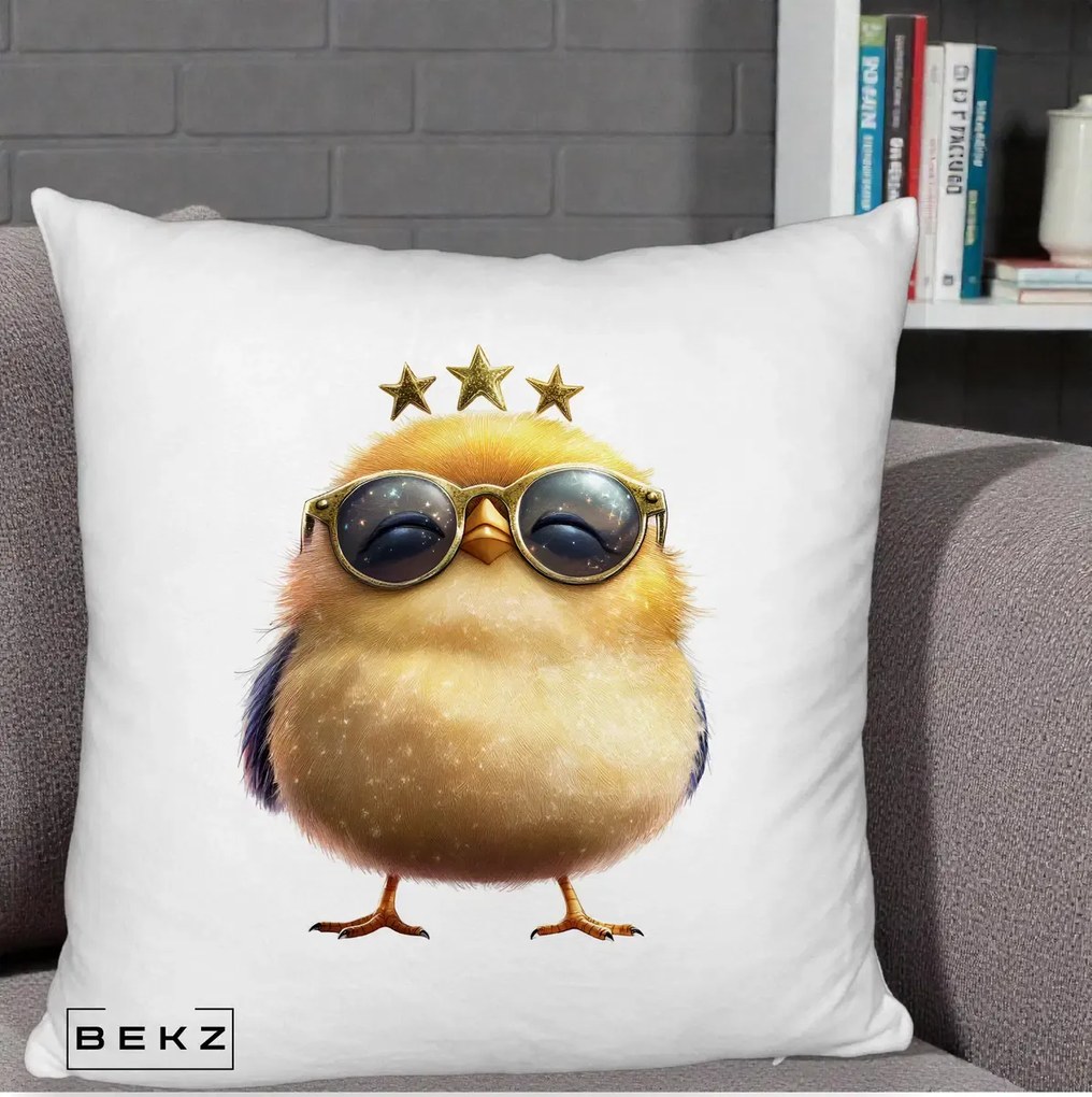 Perna Decorativa Pui Gold Star cu Ochelari Aurii, 40x40 cm, Alb Pufos, Husa Detasabila, Perna Inclusa, BEKZ®