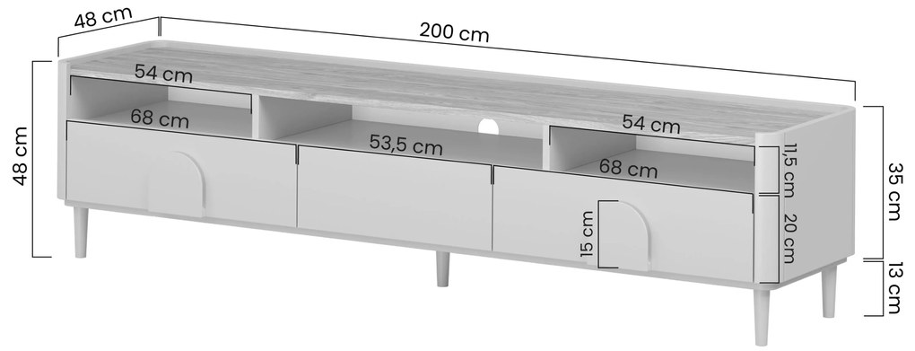 Comodă TV Amilio 200 cm cu sertare - cashmere / stejar uleiat / mânere cashmere