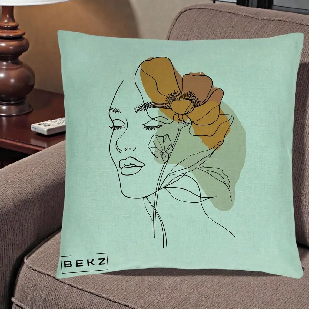 Perna Decorativa Portret Feminin Mac Mare Portocaliu, 40x40 cm, Verde Menta, Husa Detasabila, Perna Inclusa, BEKZ®