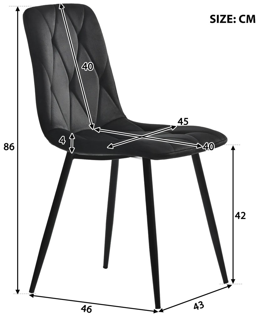 Set de 4 scaune tapițate în catifea twill pentru sala de mese cu spătar, structură din metal, 45x40x86 cm, Negru