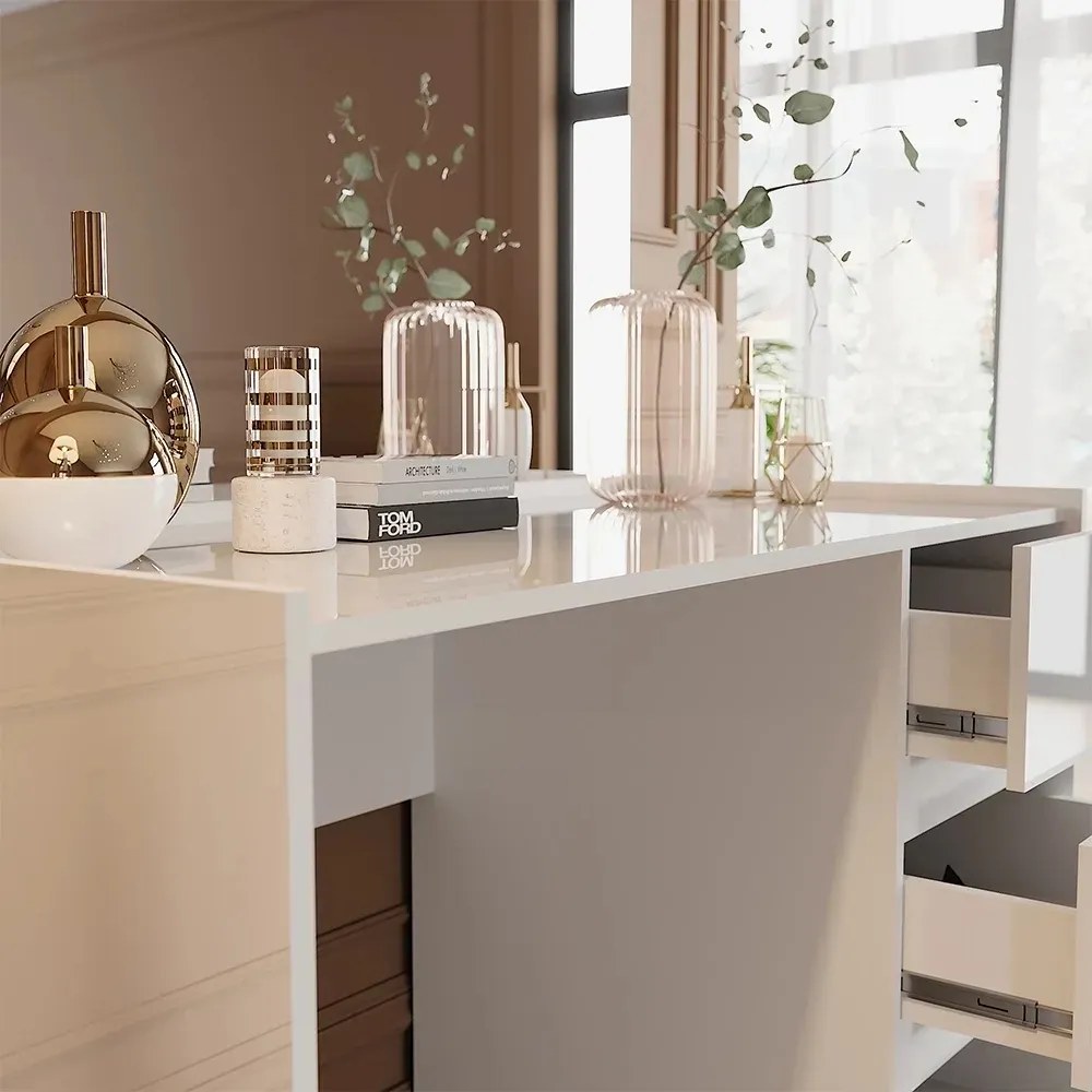 Masuta machiaj cu Oglinda LED si 3 Sertare pentru Cosmetice, Set Masa toaleta 120 cm, Alb Lucios, masuta cosmetica, vanity - SEA805